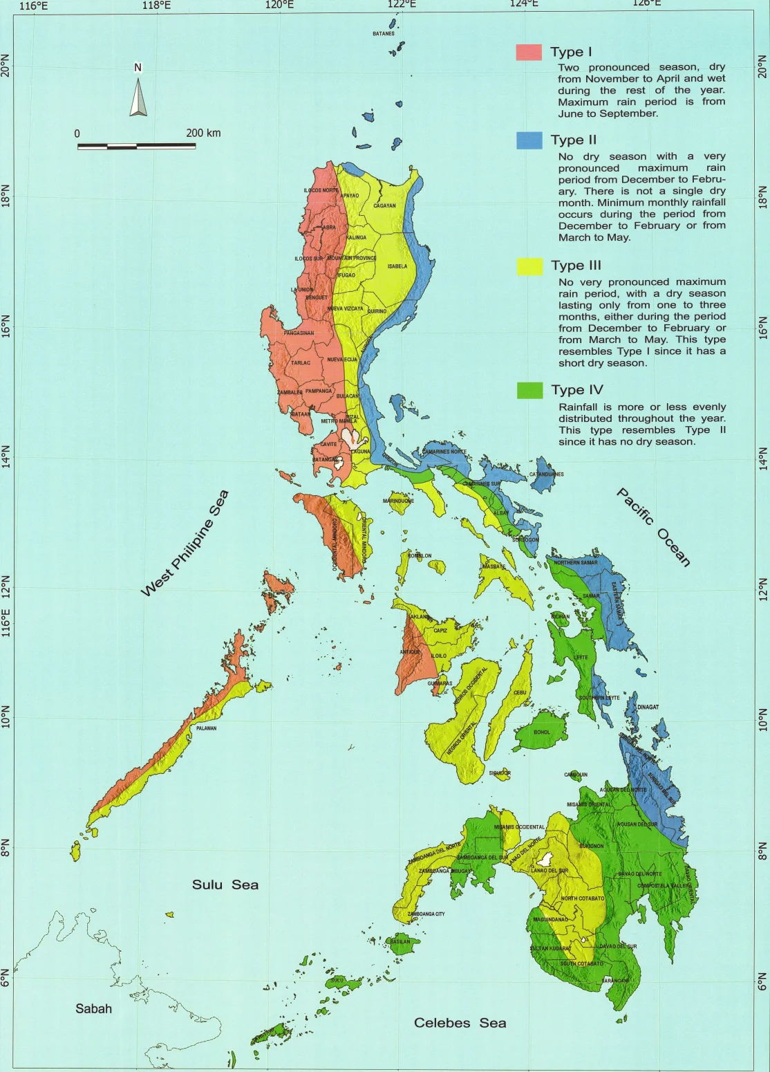 PAGASA climate type map of the Philippines, showing climate Types I to IV